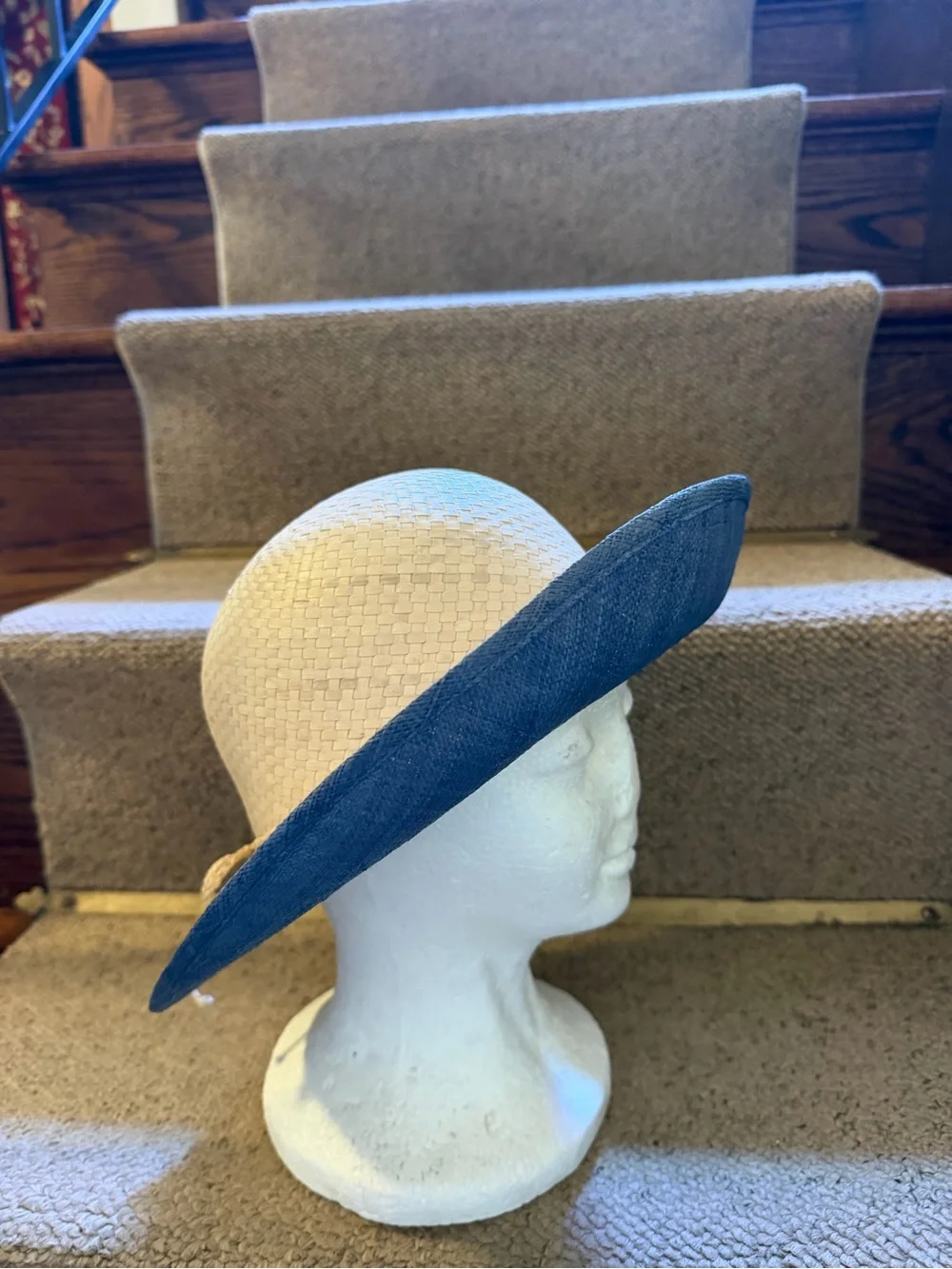 Women's Cream Straw Sun Hat with Blue Brim